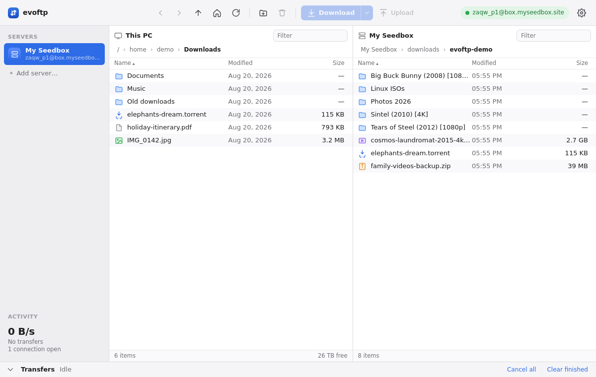 evoftp main window: This PC pane on the left, My Seedbox pane on the right, servers and activity in the sidebar