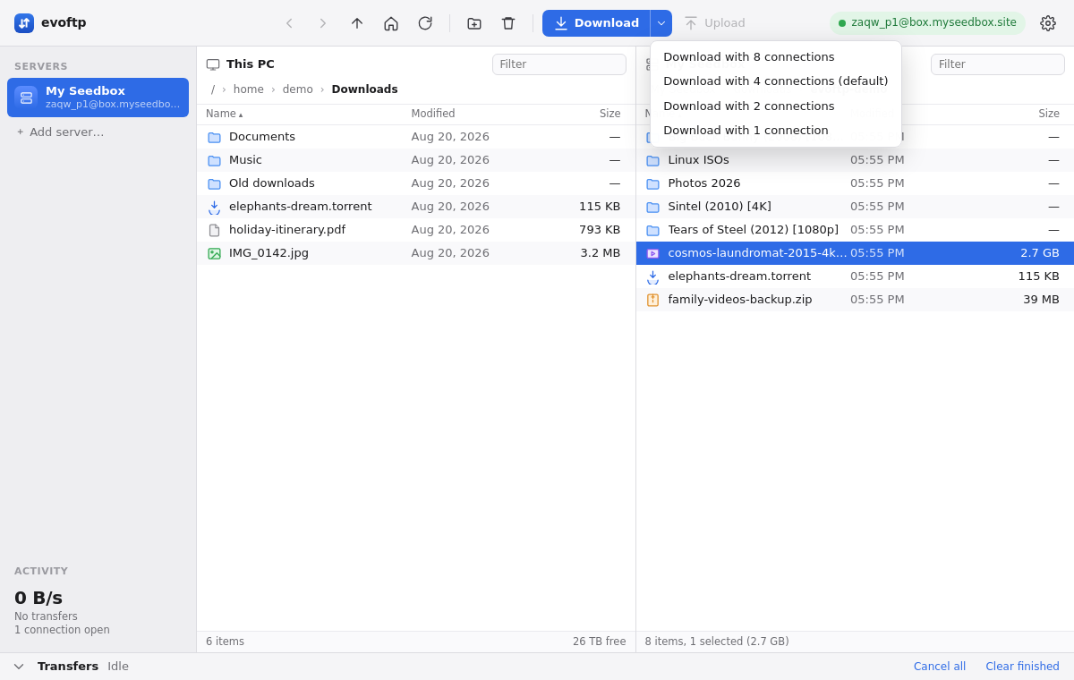 The Download dropdown offering 8, 4 (default), 2 or 1 connections