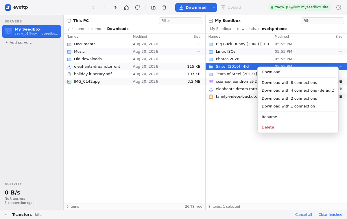 Right-click menu on a seedbox folder: Download, connection choices, Rename, Delete