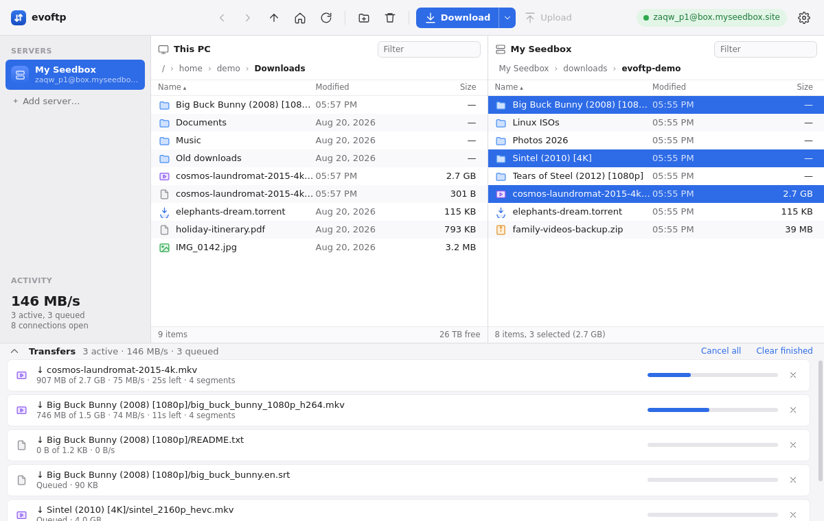 Three items downloading with the Transfers drawer showing per-file progress, speed and segments
