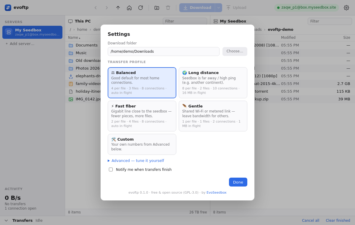 Settings sheet: download folder, transfer profiles Balanced, Long distance, Fast fiber, Gentle, Custom, and an Advanced section
