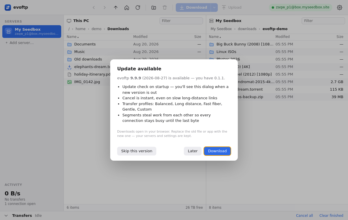 Update available dialog listing what is new, with Skip this version, Later and Download buttons